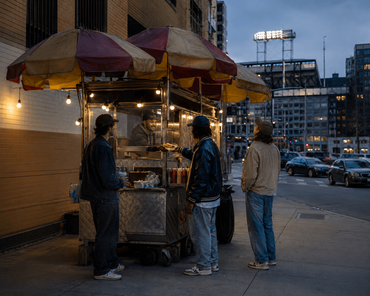A hot dog cart outside a ballpark at dusk.