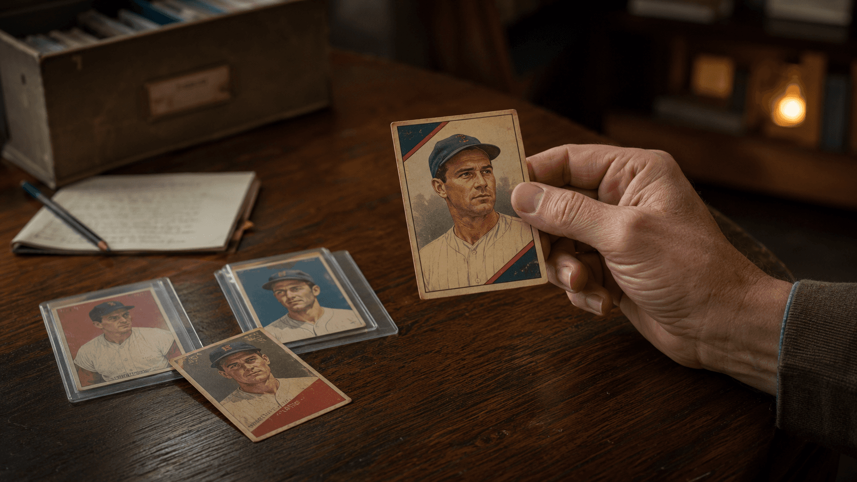 Vintage baseball cards laid out on a desk.